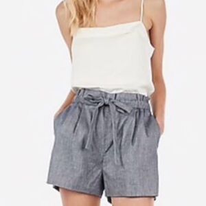 EXPRESS Shortie Linen Blend Paper Bag Tie Belt High Rise 2.5in Shorts Blue XS